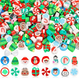 Gushu 200 Christmas Polymer Clay Beads Charms for Making Bracelets, 10mm Cute Flat Spacer Clay Heishi Christmas Beads for Women Jewelry Making DIY