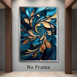 Deocorlevel Abstract Blue And Gold Wall Art Golden Leaves Picture Gold Foil Artwork Blue Abstract Wall Art Modern Golden Painting Modern Leaves Painting For Living Room 16x24inch Frameless