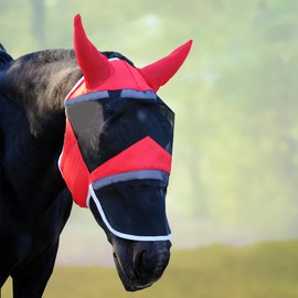 DayoVortex Fly Masks for Horses Fly mask with Ears and Long Nose UV Protection Horse (Red, (Cob) Medium)