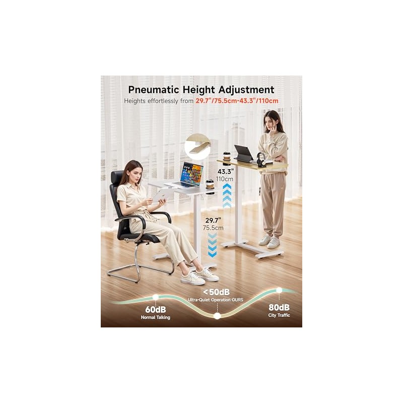 BIZUM Adjustable Bedside Table with Swivel Hidden Wheels Pneumatic Rolling