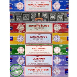 Satya Incense Sticks Set, 7 Fragrances - Nag Champa, Super Hit, Dragon's Blood, Sandalwood, Patchouli, Lavender, Positive Vibes, by JMW.