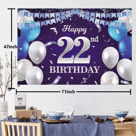 Happy 22nd Birthday Banner Backdrop Navy Blue Balloons Confetti Stripe Flag Light Spots Cheers to 22 Years Old Theme Decorations Decor for Women Men 22nd Birthday Party Bday Supplies Glitter Silver