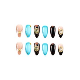 SINHOT Almond Press on Nails Medium - 3D Rhinestones & Blue Ombre Stiletto Nail Art, Retro Style DIY Fake Nails with Glossy Glue on Nails, 24Pcs