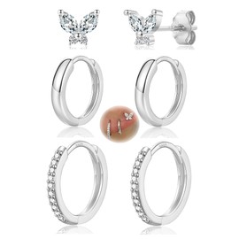 CERSLIMO 3 Pairs of Earrings Set Silver Colour Butterfly Hoop Earrings, Cubic Zirconia