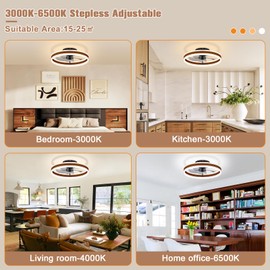 VOLISUN Low Profile Ceiling Fans with Lights and Remote, 19.7in Farmhouse Ceiling Fans with Light Flush Mount, 3000K-6500K Dimmable Fandelier LED Fan Light, Bladeless Ceiling Fans for Bedroom