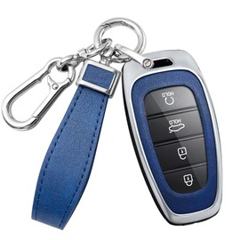 HIBEYO Smart Key Fob Cover for Hyundai Sonata Santa Fe Tucson 2020 2021 2022 2023 Accessories with Keychains Alloy PU Leather Material Key Case Holder Cover-Silver Blue