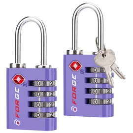 Forge Dual-Opening: Key or Combination Access Lock, TSA Approved Locks for Luggage, Pelican case, Travel, Gym, School, Stainless Steel Shackle. (Purple, 2 Pk)