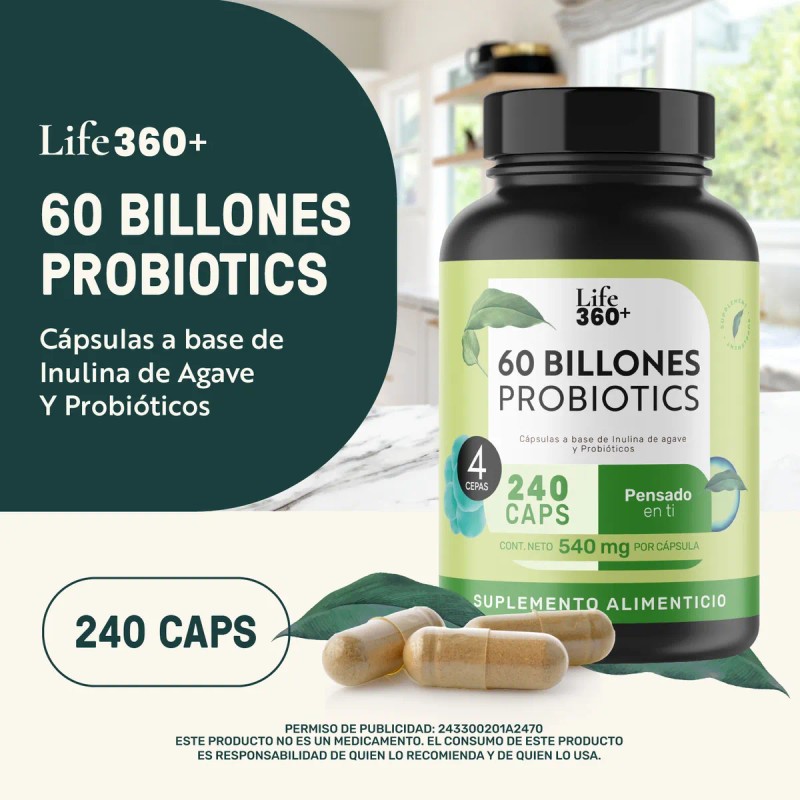 Probióticos 60 Billones Life360+ 240 Cápsulas a Base de Inulina