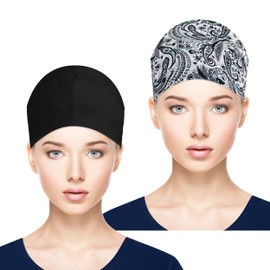 Fesciory Adjustable Working Caps with Button & Sweatband, Women Ponytail Pouch Hats, Long Hair(Black+Grey Leaf)