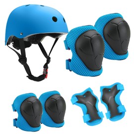 HTRTRR Kids Safety Helmet Set with Adjustable Helmet, Knee and Elbow Pads and Wrist Supports for Skate, Bike, Skating, Scooter and Other Outdoor Sports (Blue)