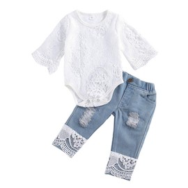 RWYBEYW Toddler Baby Girl Clothes 3 6 12 18 24 Months Lace Ruffle Romper Top Flare Denim Jeans Clothing Outfits Set (A# Blue, 6-12 Months)