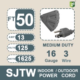 EP 50 Ft Outdoor Extension Cord with 3 Electrical Power Outlets - 16/3 SJTW Grey Cable with 3 Prong Grounded Plug for Safety Great for Christmas Lights, Garden and Major Appliances