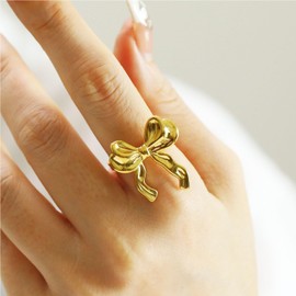 TACBSP Gold Bow Ring for Women Bowknot Ribbon Ring Silver Dainty Adjustable Bow Ring Christmas Birthday Jewelry (gold)