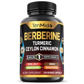 Tenmido Berberine Supplement - 7in1 Formula - Combine with Turmeric, Royal Jelly, Ceylon Cinnamon, Ginkgo Biloba, Ginger & Black Pepper - Digestive Health, Immune Support - 120 Capsules