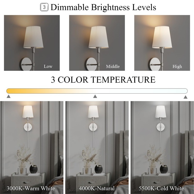 Coinmit Brushed Nickel Battery Operated Wall Sconces Set of 2,Modern