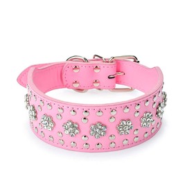 Bbmmayy Rhinestones Dog Collars Flower Pattern Rhinestone Studded Leather Sparkly Crystal Diamonds Dazzling Sparkling Elegant Fancy PU Leather Dog Collar for Medium & Large Dogs (M, Pink)