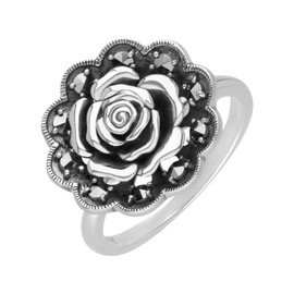 Esse Marcasite Sterling Silver Victorian English Rose Marcasite Ring (L)