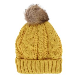 CTM Women's Cable Knit Lined Winter Beanie with Synthetic Fur Pom, Mustard Yellow