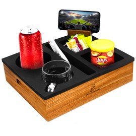 Couch Caddy with Cup Holder - Sustainable Acacia Wood, Silicone Couch Tray for Sofa, Bed, and Car - Waterproof Anti-Spill Snack Tray for Drinks, Beverages, and Remote