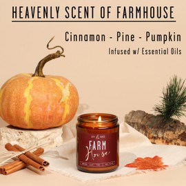 Fall Candles - 'Farmhouse' Autumn Scented Soy Candles for Home, w/Cinnamon, Clove & Pine I Infused with Essential Oils I Farmhouse Décor, 9oz Reusable Jar, 50Hr Burn, Made in USA