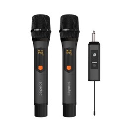 Porodo Soundtec Duo Mic Aluminum Rechargeable Wireless Microphone, 6.3mm Mono Connector, 2X 800mAh Battery, 4.5H Working Time, DSP Regulating, 2 Channels, 25m Receiving Distance – Black