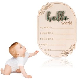 Baby Announcement Sign, Wooden Hello World Newborn Sign Plaque Record Birth Name Information, Welcome Boys and Girls Arrival The World, Birth Announcement Sign for Hospital Nursery Home