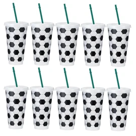 10 tazas de fútbol de plástico con tapas y pajitas, taza de bebida deportiva reutilizable de 24 onzas para regalos de fiesta de fútbol