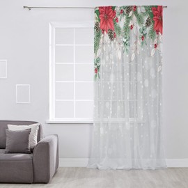 LEOSUCRE Semi Sheer Curtains 84 Inch Length, Christmas Curtain Sheers for Living Room Bedroom Rod Pocket Kitchen Curtain Drapes Window Voile Curtain Panel Seasonal Xmas Poinsettia Eucalyptus Floral