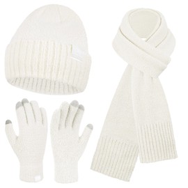 Bequemer Laden Womens Winter Warm Fuzzy Beanie Hat Touchscreen Gloves Long Neck Scarf Knit Set with Fluffy Skull Cap Gifts for Women White