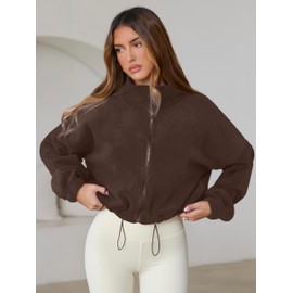 SHELOOKS Womens Casual Fleece Short Jacket Full Zip Stand Collar Sherpa Crop Coat (Coffee, Large)