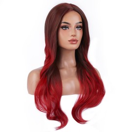 BERON Black Ombre Burgundy Long Wavy Wig for Women Girls Red and Black Curly Heat Resistant Synthetic Wigs Cosplay Costume Party Daily Wig