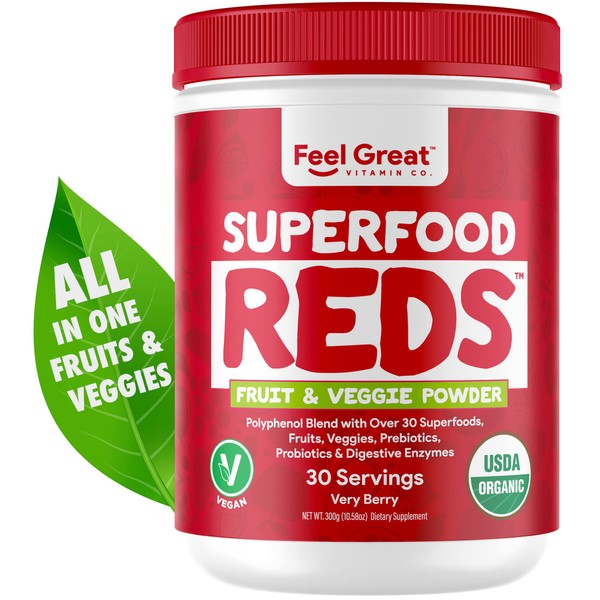 Feel Great 365 Organic Superfood Reds Powder | Fruit and Vegetable Supplement | Smoothie Mix Loaded with Organic Beet Root (Capsules)