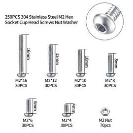 M2 Button Head Hex Socket Screws with Nuts and Washers Assortment Set, Stainless Steel Hexagon Head Screws and Nuts, Machine Screws, Threaded Screws, Stainless Steel Screws