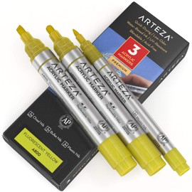 ARTEZA Acrylic Paint Markers, Pack of 3, A800 Fluorescent Yellow, 1 Thin and 2 Thick, Chisel + Bullet Nib, Paint Pens for Canvas, Rock, Glass, Wood