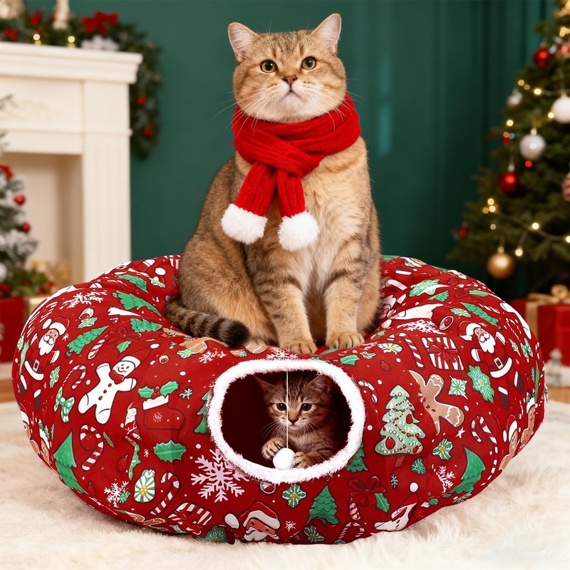 Cat Tunnel Christmas Tree Skirt Cat Donut Tunnel Bed,Gingerbread Man