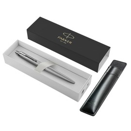 Parker Jotter XL Ballpoint Pen | Monochrome Stainless | Medium Point | Blue Ink | Gift Box & Black sleeve pen case with embossed logo