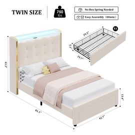 HITHOS Upholstered Twin Led Bed Frame with Charging Station and Storage Drawer, Velvet Princess Platform Bed Frames with Crystal-Button Tufted Headboard for Girls | Kids, No Box Spring Need, Beige