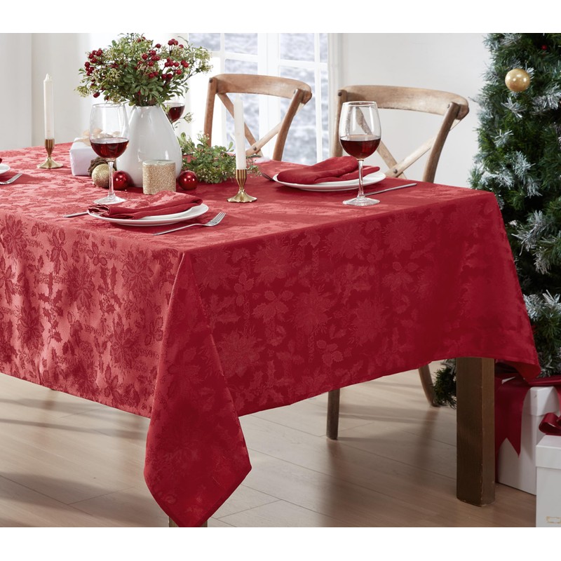 Newbridge Carol Damask No Iron Soil Release Holiday Tablecloths, 52"