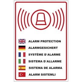 Sign "Alarmgesichert" in Several Languages Aluminium / Dibond 200 x 300 mm - 3 mm Thick