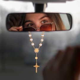 TIESOME 2-Piece Car Rosary, Rearview Mirror Auto Rosary Beads with Cross and Medal Hanging Accessories for Interior Decor (Gold)