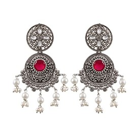 Indian Fashion Silver Oxidized Bollywood Designer Traditional Bali Ethnic Pearls Dangle Jhumka Earrings (PINK)