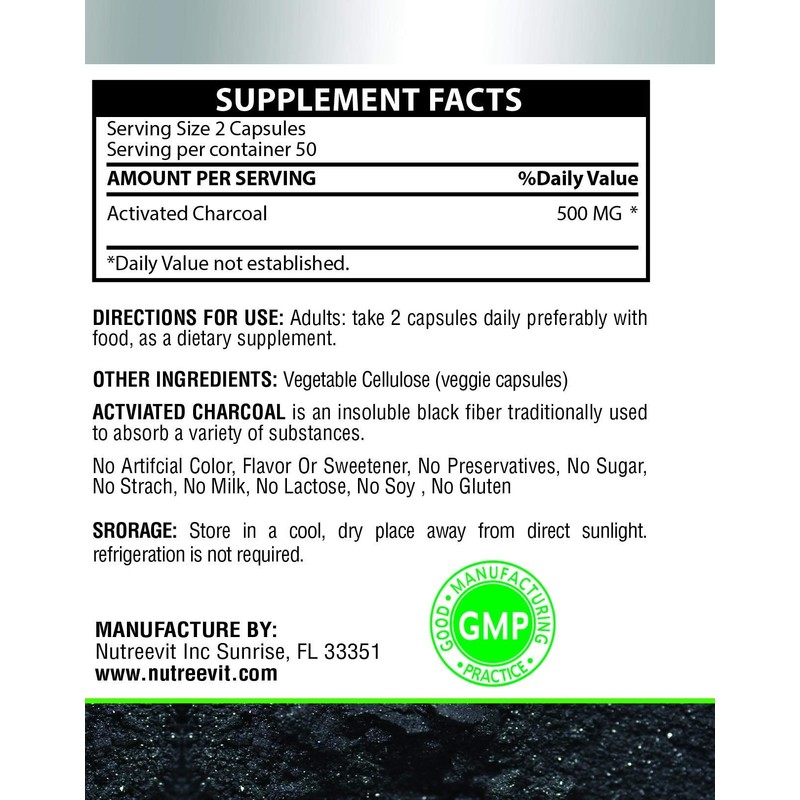 NutreeVit 100% Organic Highly Absorbent - Activated Charcoal (200 Count)