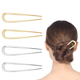 Realjoy Pack of 4 U-shaped metal hair pins, French hair pins, large, vintage hair fork for fixing hair knots, hair accessories for women and girls (2 gold and 2 silver)