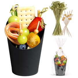 60 Sets Disposable Charcuterie Cups with Sticks and Bags, 14 oz Black Kraft Paper Snack Boxes Appetizers Cup French Fry Holder with Cocktail Skewers Toothpicks Tooth Picks(60 Cups+60 Bags+200 Sticks)
