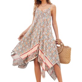 Chigant Women's Boho Summer Floral Print Dress Sleeveless Tropical Beach Dress Deep V Maxi Dress Cover Up