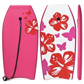 SPORFIT Bodyboard, 33/37/41 Inch Lightweight Surf Board with EPS Core, XPE Deck & HDPE Slick Bottom, Adjustable Wrist Leash, Body Board for Beach, Suitable for Kids Adults (Pink Flower, 37")