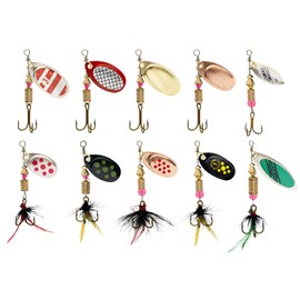 Lotnery 10Pcs Spinner Bait Set, Fishing Lures Set with 360° Rotating Blades, Long Cast Streamline Lures & Triple Hooks for Trout Bass Pike Salmon in Freshwater Saltwater Fishing