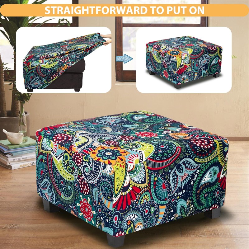 TOPHMDECOR Large Ottoman Cover Square Slipcovers Printed,Stretch Footrest Stool Cover