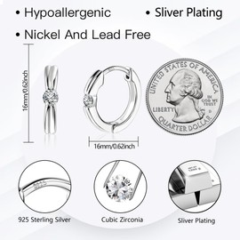 ALEXCRAFT Silver 925 Small Hoop Earrings, Hypoallergenic Silver Hoop Earrings, Thick Wide Small Cartilage Huggie Hoop Earrings, Small 16 mm Sterling Silver Hoop Earrings with Stone Zirconia Glitter