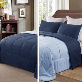 Exclusivo Mezcla Lightweight Reversible 2-Piece Comforter Set All Seasons, Down Alternative Comforter with 1 Pillow Sham, Twin Size, Navy/Blue